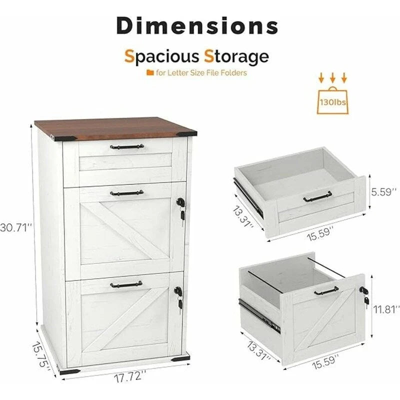 Mueble de madera con puerta de granero, 3 cajones y cerradura, 30.71H
