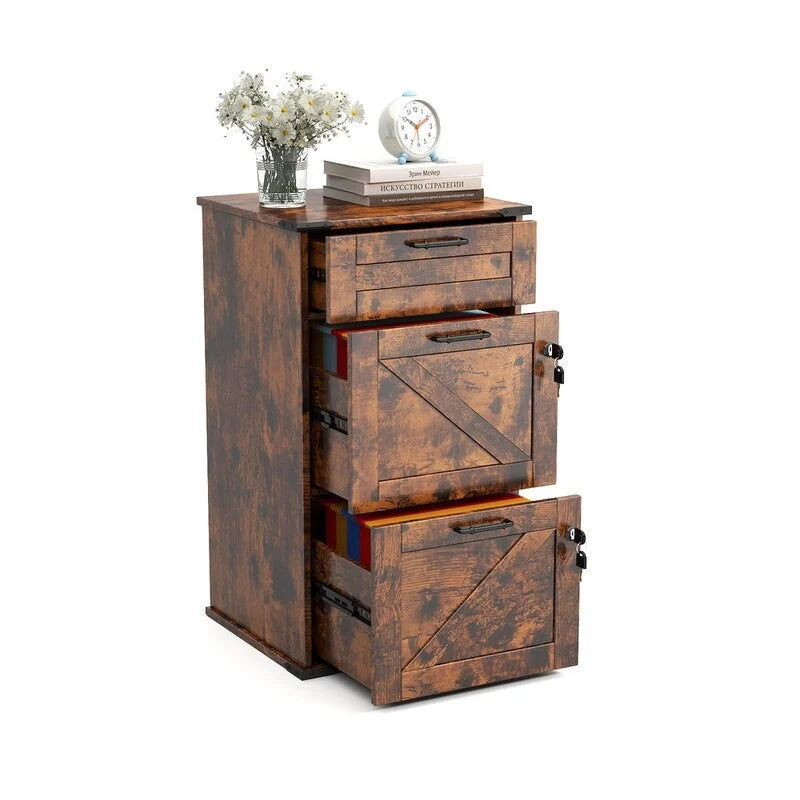 Mueble de madera con puerta de granero, 3 cajones y cerradura, 30.71H