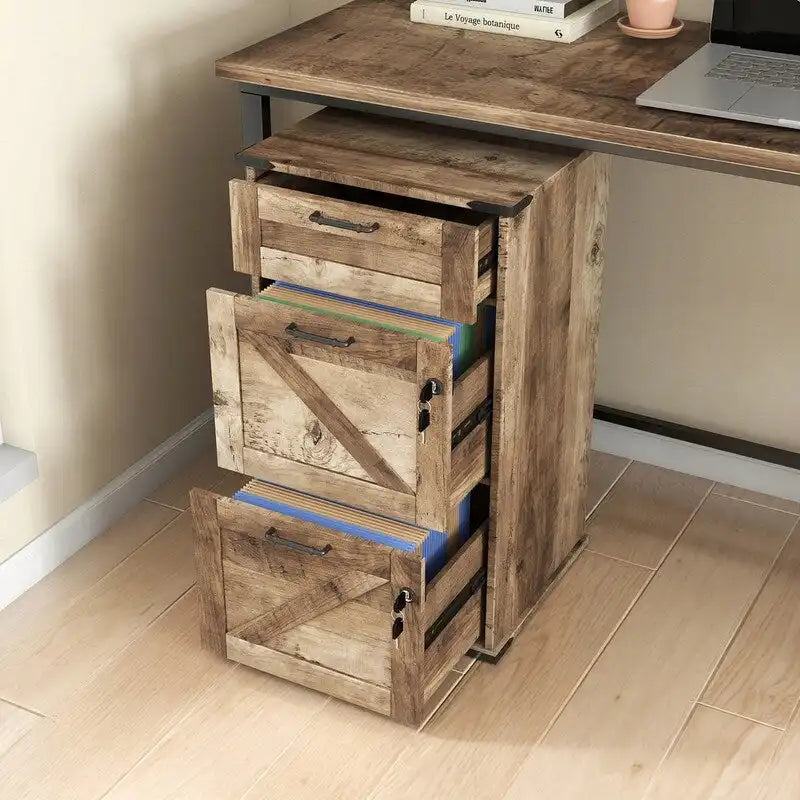 Mueble de madera con puerta de granero, 3 cajones y cerradura, 30.71H