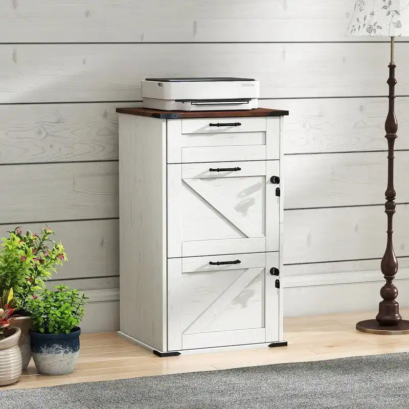 Barn Door Wooden 3 Drawers With Lock 30.71H