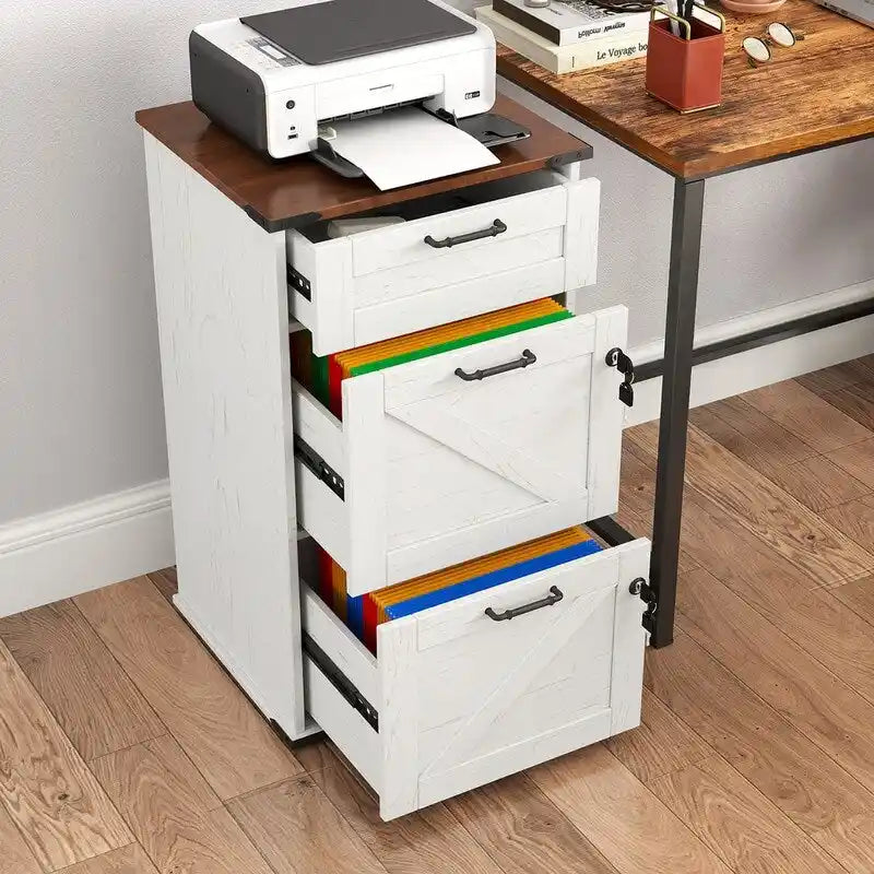 Mueble de madera con puerta de granero, 3 cajones y cerradura, 30.71H