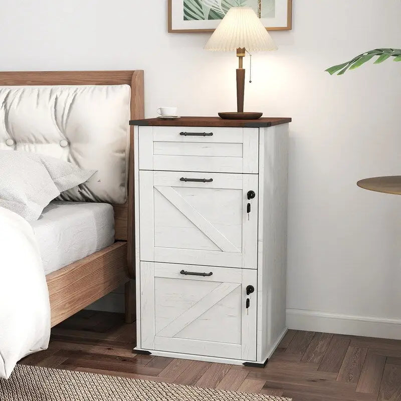 Mueble de madera con puerta de granero, 3 cajones y cerradura, 30.71H