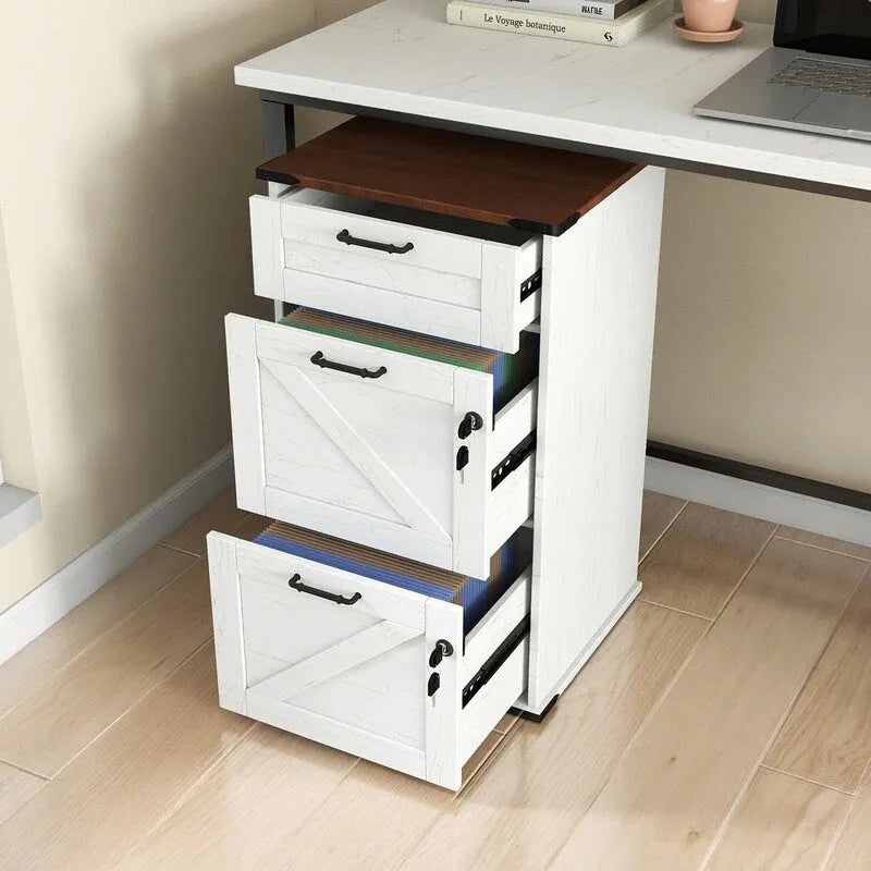 Mueble de madera con puerta de granero, 3 cajones y cerradura, 30.71H