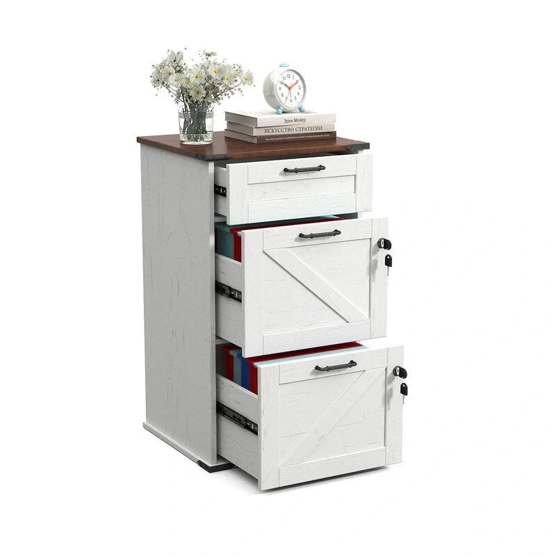 Mueble de madera con puerta de granero, 3 cajones y cerradura, 30.71H