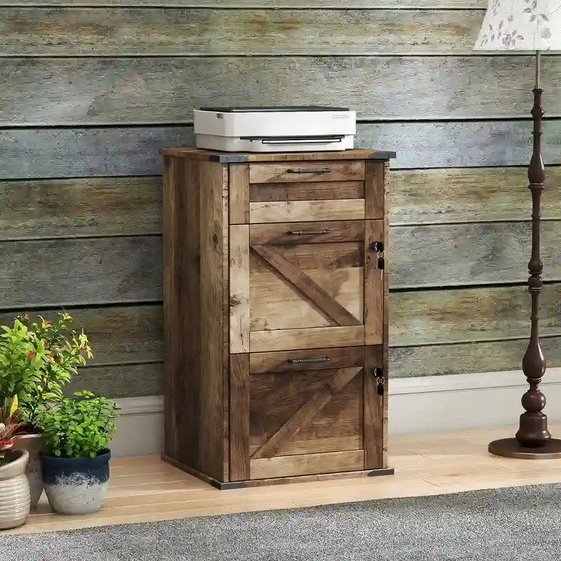 Mueble de madera con puerta de granero, 3 cajones y cerradura, 30.71H