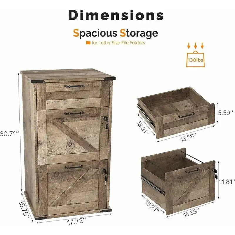 Mueble de madera con puerta de granero, 3 cajones y cerradura, 30.71H