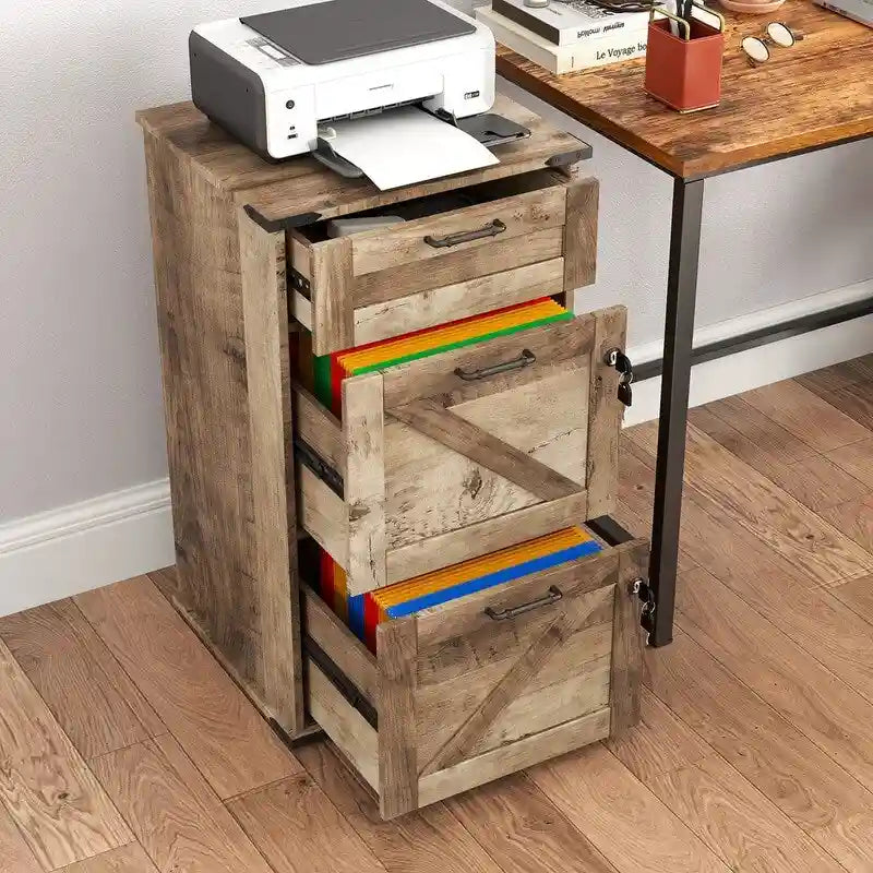 Mueble de madera con puerta de granero, 3 cajones y cerradura, 30.71H