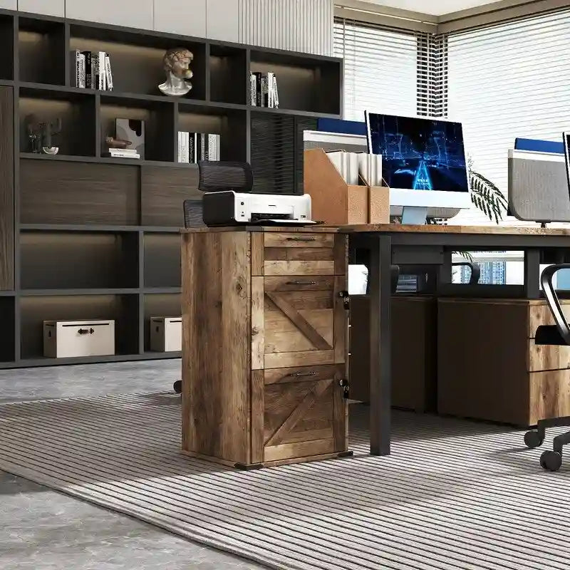 Mueble de madera con puerta de granero, 3 cajones y cerradura, 30.71H
