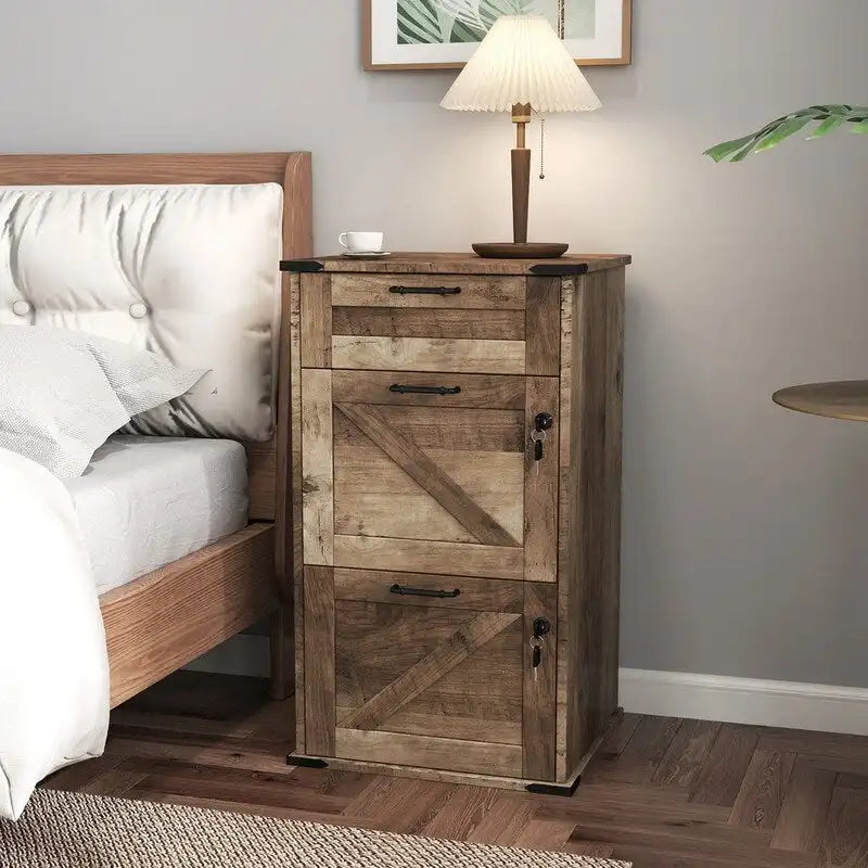 Mueble de madera con puerta de granero, 3 cajones y cerradura, 30.71H