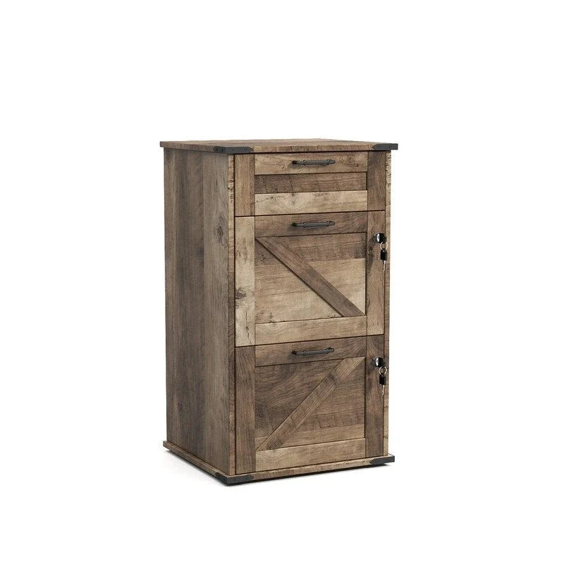 Mueble de madera con puerta de granero, 3 cajones y cerradura, 30.71H