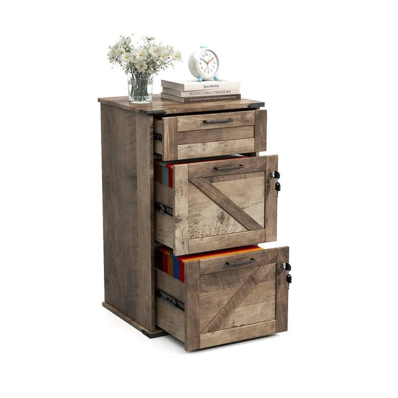 Mueble de madera con puerta de granero, 3 cajones y cerradura, 30.71H