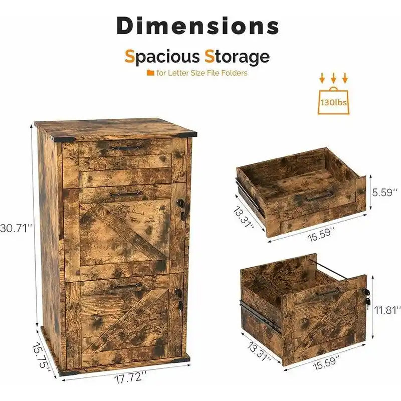Mueble de madera con puerta de granero, 3 cajones y cerradura, 30.71H