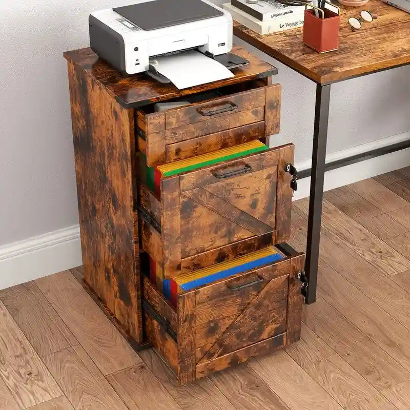 Mueble de madera con puerta de granero, 3 cajones y cerradura, 30.71H