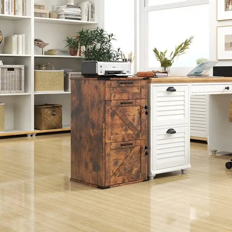 Mueble de madera con puerta de granero, 3 cajones y cerradura, 30.71H