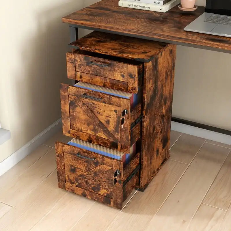 Mueble de madera con puerta de granero, 3 cajones y cerradura, 30.71H