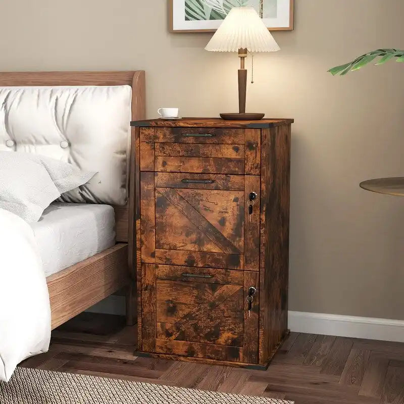 Mueble de madera con puerta de granero, 3 cajones y cerradura, 30.71H