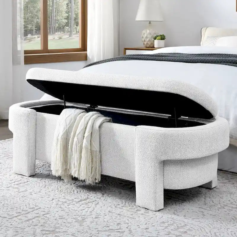 Banc rembourré en tissu de lin avec grand espace de rangement pour le salon, l’entrée et la chambre, blanc