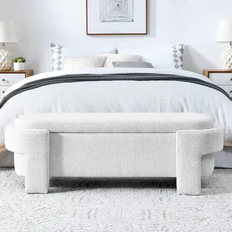 Mit Leinenstoff bezogene Sitzbank mit viel Stauraum für Wohnzimmer, Eingangsbereich und Schlafzimmer, weiß