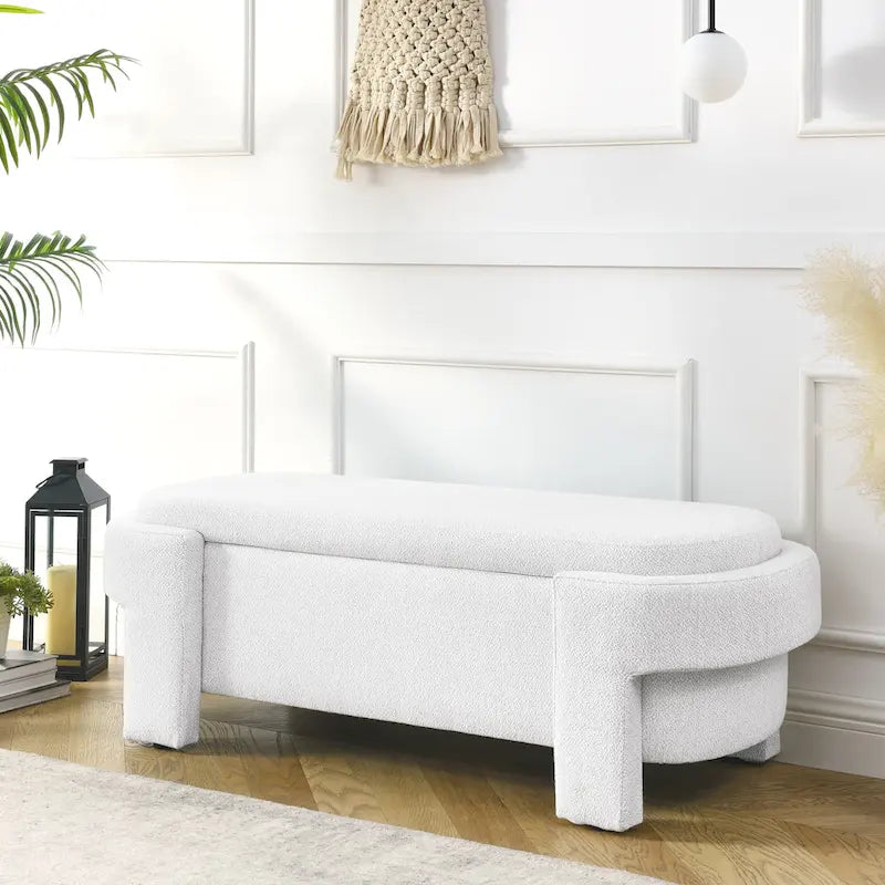 Banc rembourré en tissu de lin avec grand espace de rangement pour le salon, l’entrée et la chambre, blanc