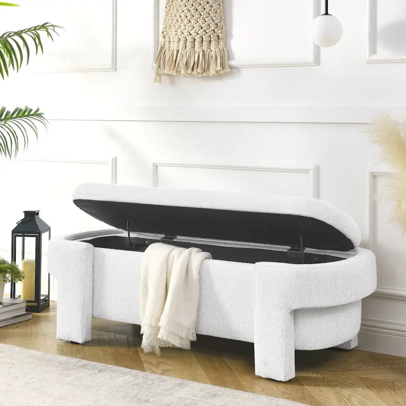Banc rembourré en tissu de lin avec grand espace de rangement pour le salon, l’entrée et la chambre, blanc