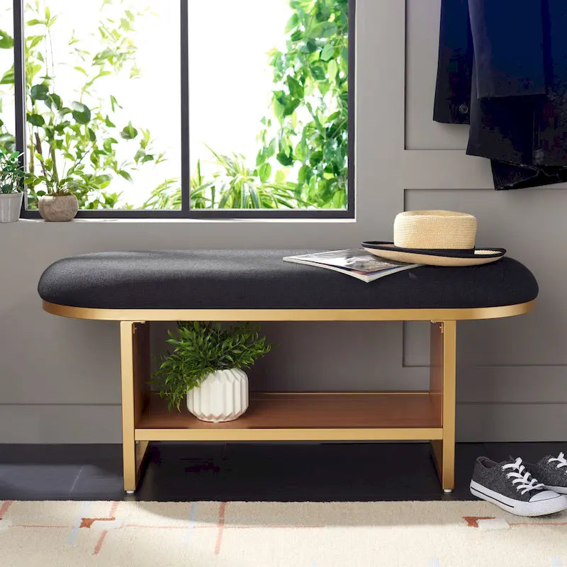 Banc ovale en tissu noir avec piètement doré