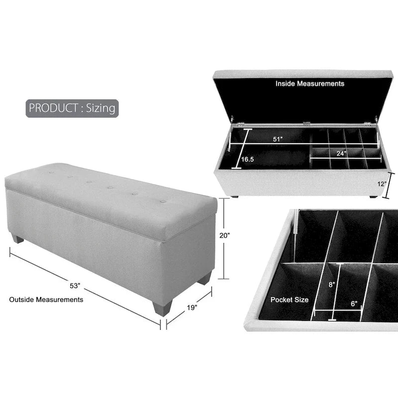 Banc de rangement avec boutons et clous, en lin, 6