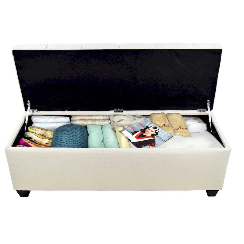 Banc de rangement en lin capitonné à losanges