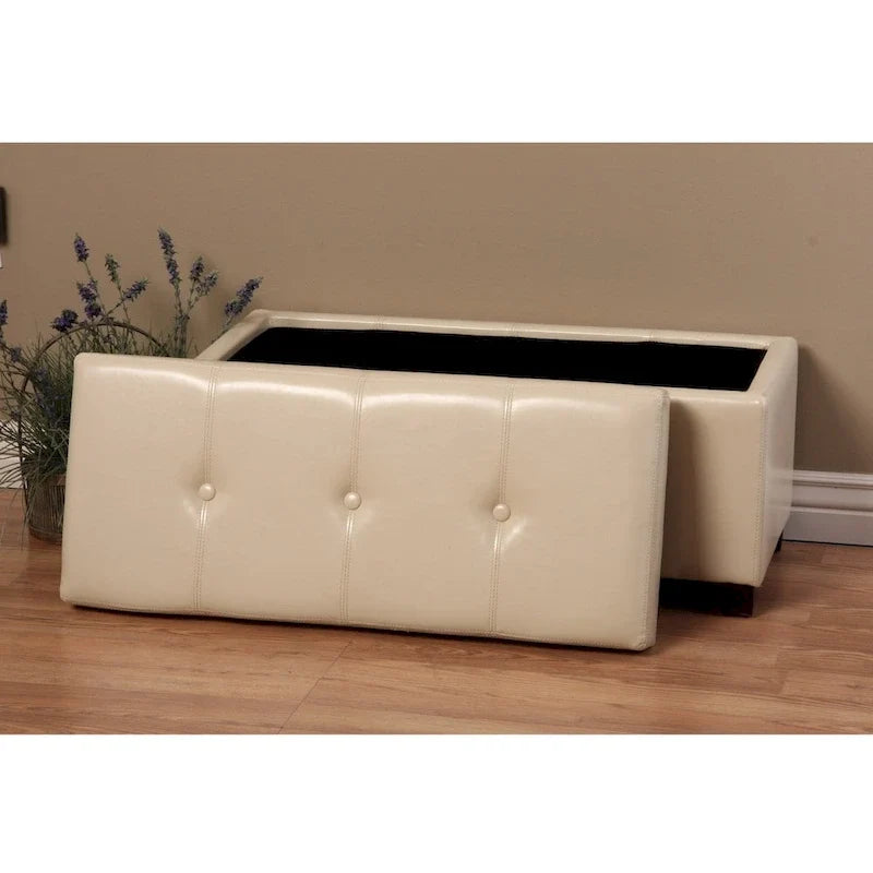 Banc ottoman de rangement capitonné en similicuir crème, coffre rembourré à couvercle relevable pour chambre