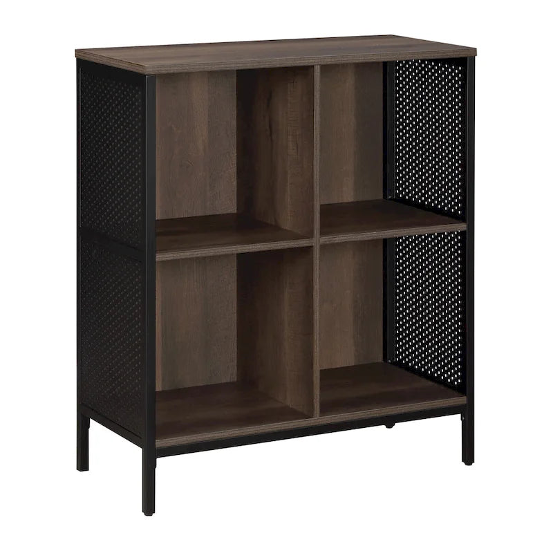 Industrial Open Bookshelf with Metal Mesh Panels, 4-Cube Storage Shelf Unit for Living Room