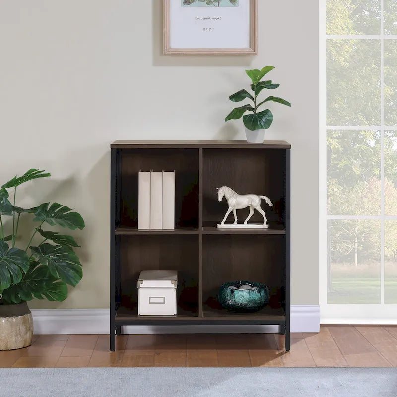 Industrial Open Bookshelf with Metal Mesh Panels, 4-Cube Storage Shelf Unit for Living Room
