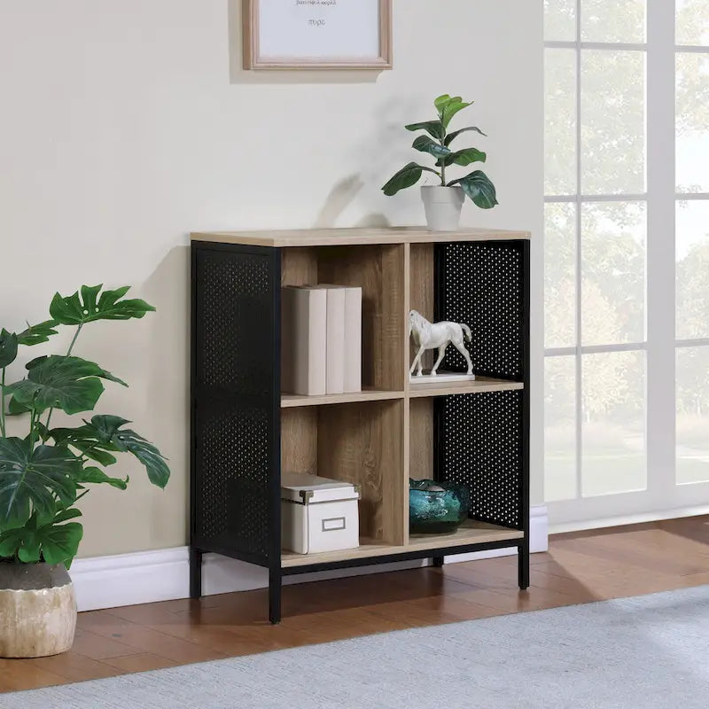 Industrial Open Bookshelf with Metal Mesh Panels, 4-Cube Storage Shelf Unit for Living Room