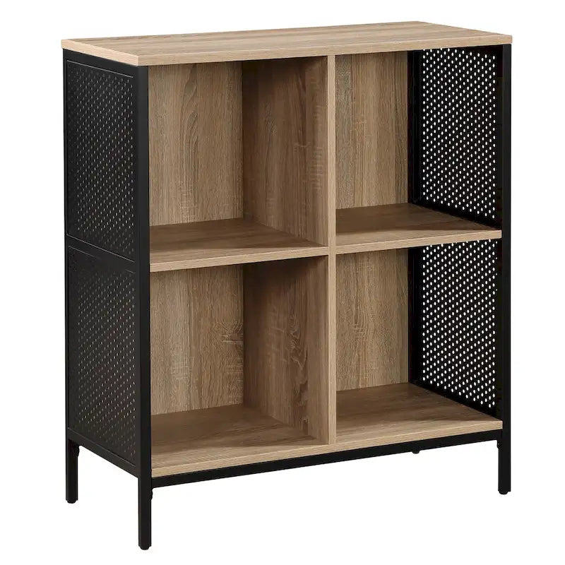 Industrial Open Bookshelf with Metal Mesh Panels, 4-Cube Storage Shelf Unit for Living Room