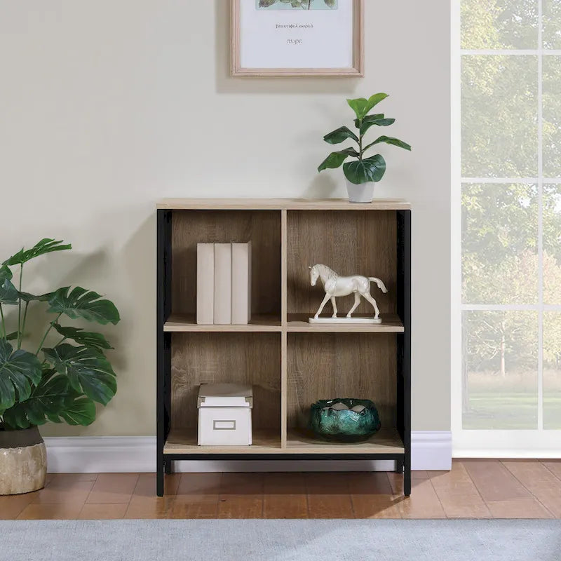 Industrial Open Bookshelf with Metal Mesh Panels, 4-Cube Storage Shelf Unit for Living Room