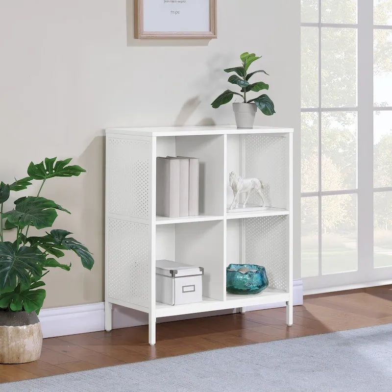 Industrial Open Bookshelf with Metal Mesh Panels, 4-Cube Storage Shelf Unit for Living Room