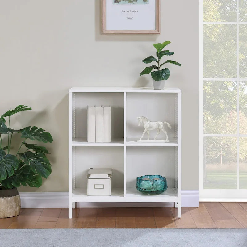 Industrial Open Bookshelf with Metal Mesh Panels, 4-Cube Storage Shelf Unit for Living Room