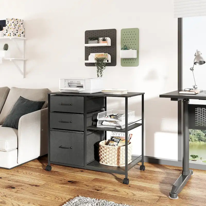 Caisson mobile pour dossiers à 3 tiroirs, support d’imprimante roulant avec étagère de rangement ouverte, classeur latéral en tissu compatible avec les formats A4 ou Letter