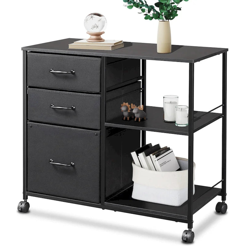 Caisson mobile pour dossiers à 3 tiroirs, support d’imprimante roulant avec étagère de rangement ouverte, classeur latéral en tissu compatible avec les formats A4 ou Letter