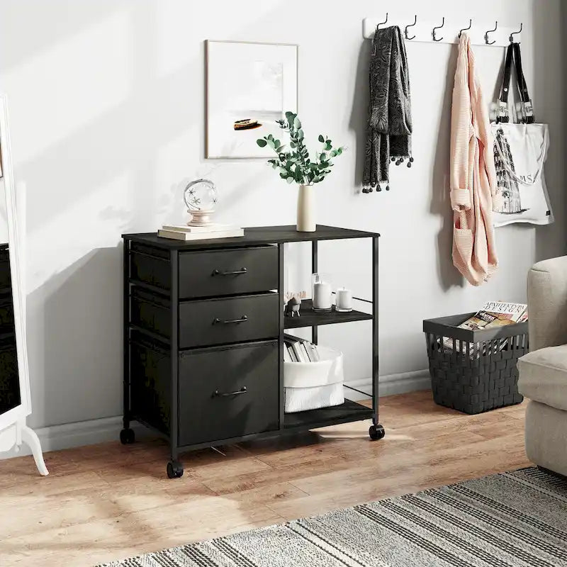 Caisson mobile pour dossiers à 3 tiroirs, support d’imprimante roulant avec étagère de rangement ouverte, classeur latéral en tissu compatible avec les formats A4 ou Letter