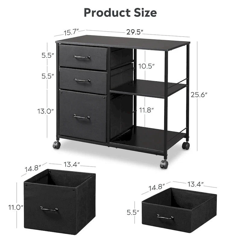 Caisson mobile pour dossiers à 3 tiroirs, support d’imprimante roulant avec étagère de rangement ouverte, classeur latéral en tissu compatible avec les formats A4 ou Letter