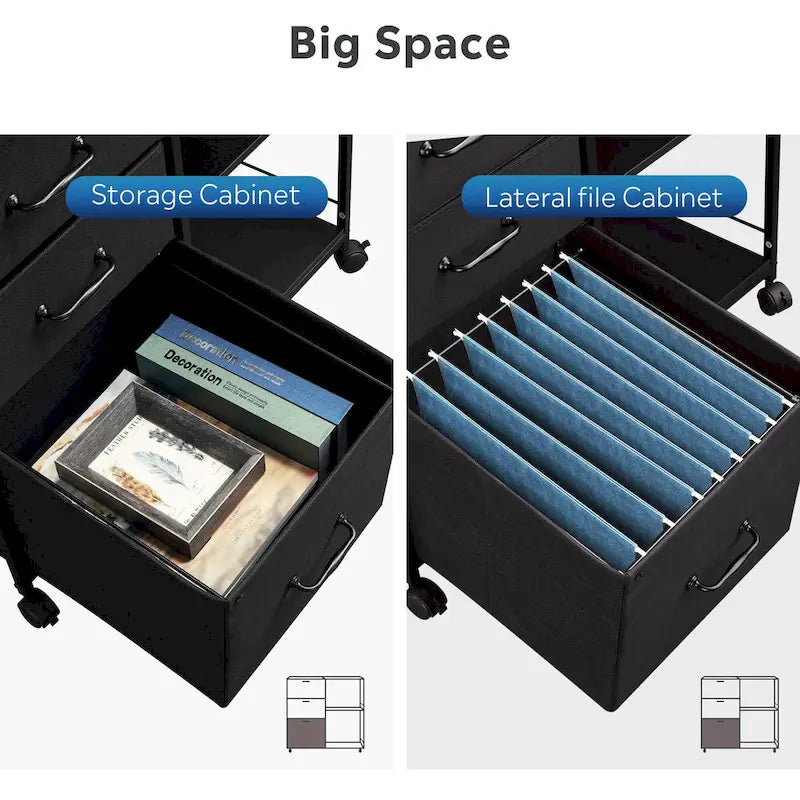 Caisson mobile pour dossiers à 3 tiroirs, support d’imprimante roulant avec étagère de rangement ouverte, classeur latéral en tissu compatible avec les formats A4 ou Letter