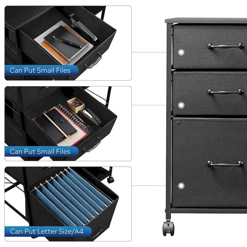 Caisson mobile pour dossiers à 3 tiroirs, support d’imprimante roulant avec étagère de rangement ouverte, classeur latéral en tissu compatible avec les formats A4 ou Letter