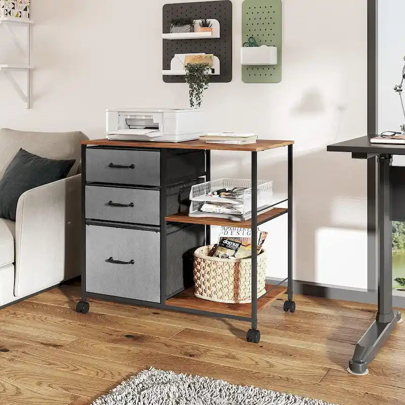 Caisson mobile pour dossiers à 3 tiroirs, support d’imprimante roulant avec étagère de rangement ouverte, classeur latéral en tissu compatible avec les formats A4 ou Letter