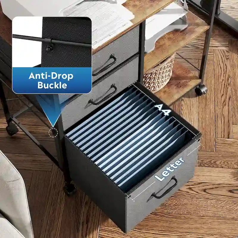 Caisson mobile pour dossiers à 3 tiroirs, support d’imprimante roulant avec étagère de rangement ouverte, classeur latéral en tissu compatible avec les formats A4 ou Letter