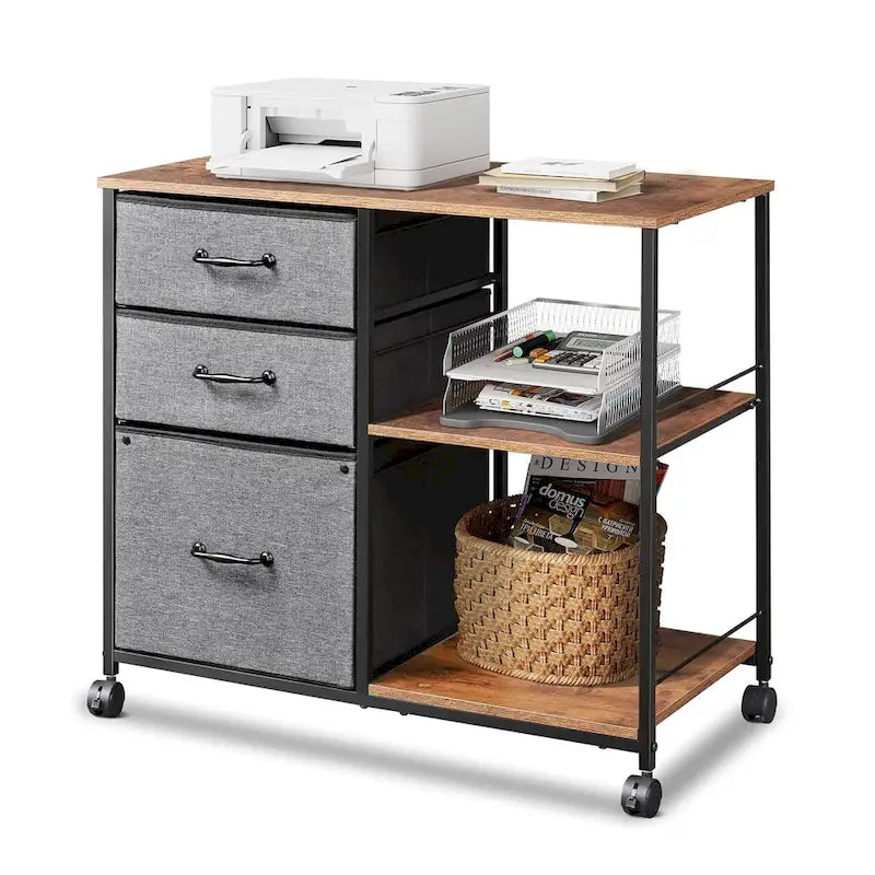 Caisson mobile pour dossiers à 3 tiroirs, support d’imprimante roulant avec étagère de rangement ouverte, classeur latéral en tissu compatible avec les formats A4 ou Letter
