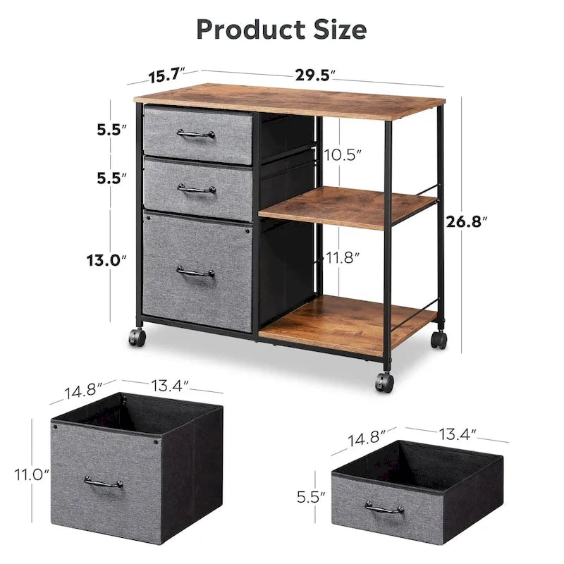 Caisson mobile pour dossiers à 3 tiroirs, support d’imprimante roulant avec étagère de rangement ouverte, classeur latéral en tissu compatible avec les formats A4 ou Letter