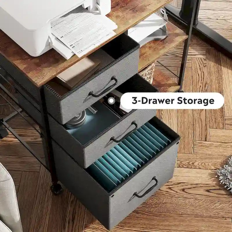 Caisson mobile pour dossiers à 3 tiroirs, support d’imprimante roulant avec étagère de rangement ouverte, classeur latéral en tissu compatible avec les formats A4 ou Letter