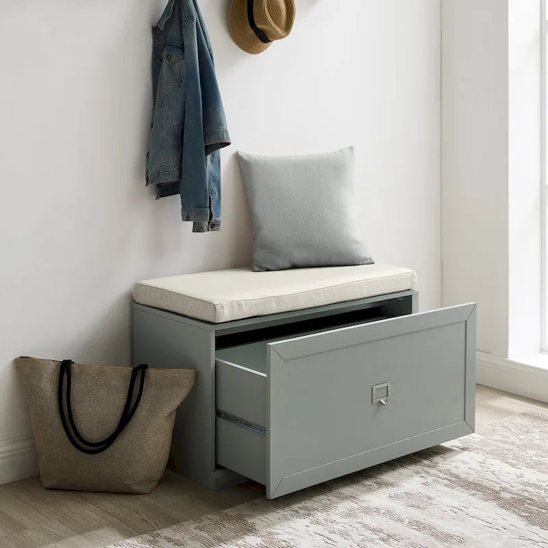 Banc de rangement en bois vert sauge avec coussin, banc à chaussures d’entrée avec couvercle rabattable pour le couloir