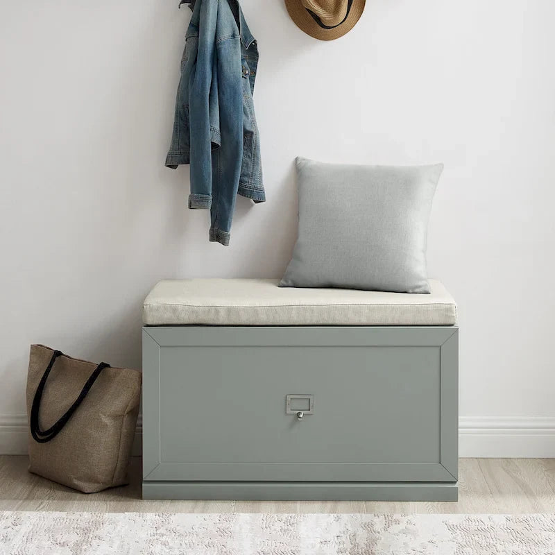 Banc de rangement en bois vert sauge avec coussin, banc à chaussures d’entrée avec couvercle rabattable pour le couloir