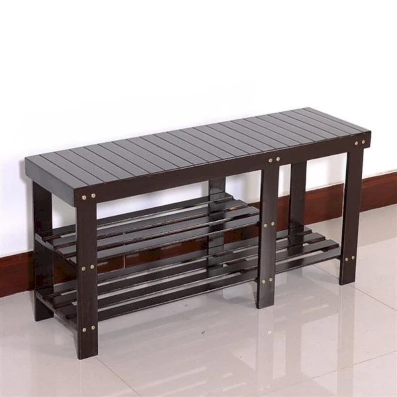 90cm Bambushocker in Streifenoptik mit Schuhregal und Stiefelfach, Kaffeebraun