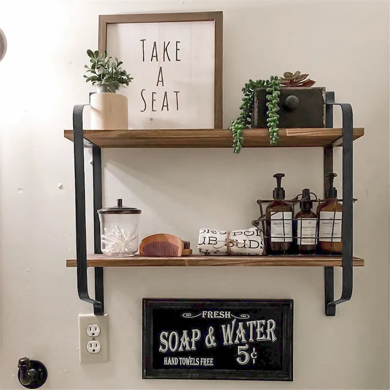 Étagère de rangement murale flottante à double niveau, style rustique